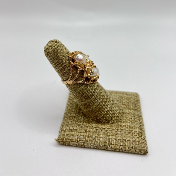 Vintage 14K Gold Baroque Pearl & Diamond Coral Style Ring – Size 4.75 - Picture 4 of 9